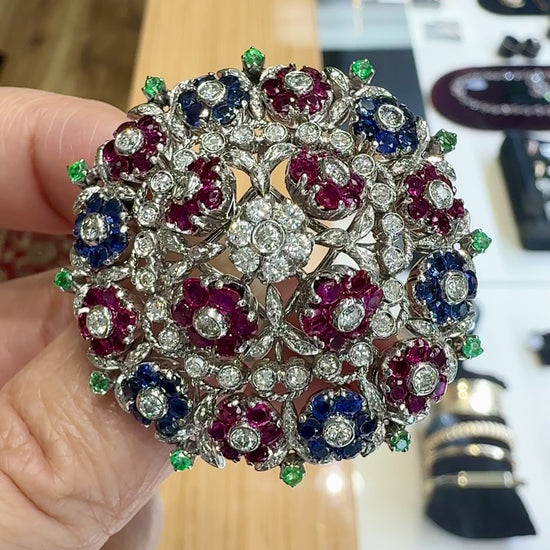 1950's En Tremblant Ruby Sapphire Emerald Diamond Brooch 18/14k