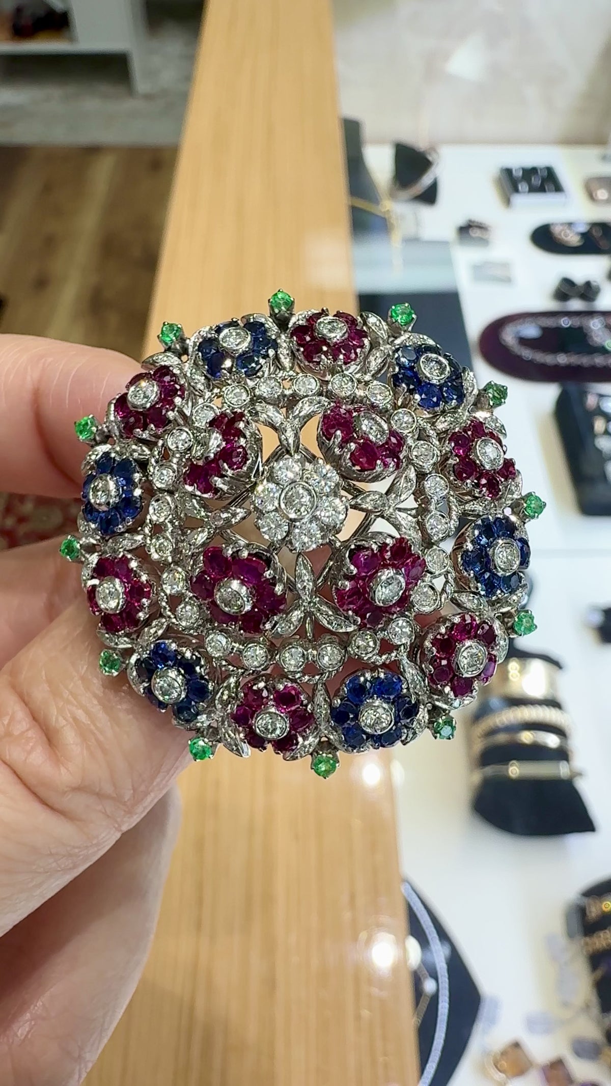 1950's En Tremblant Ruby Sapphire Emerald Diamond Brooch 18/14k