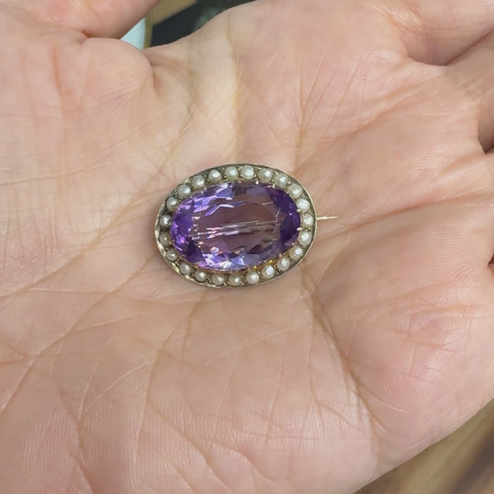 Antique Victorian Amethyst and Seed Pearl Brooch 9k Yellow Gold
