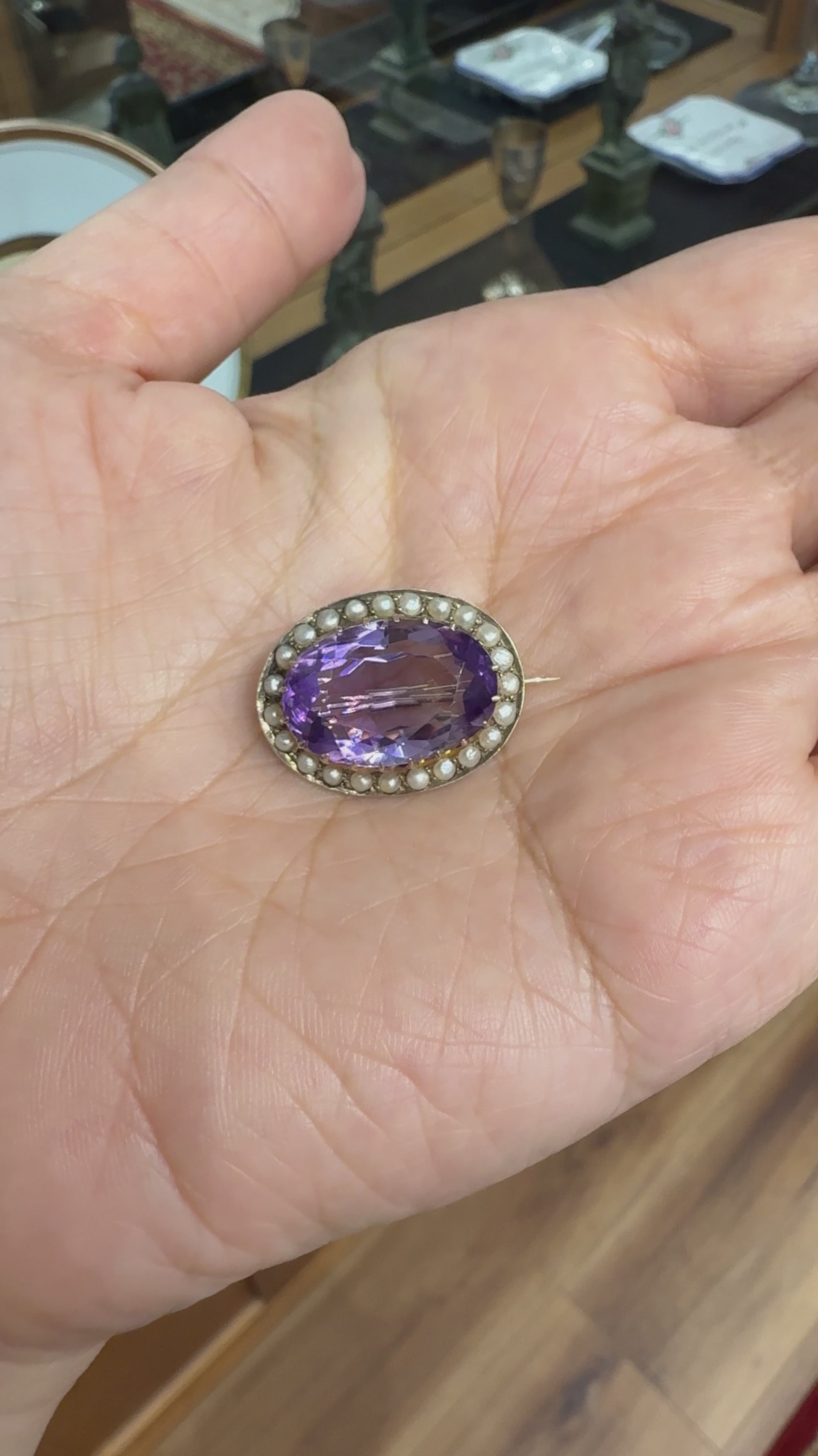 Antique Victorian Amethyst and Seed Pearl Brooch 9k Yellow Gold