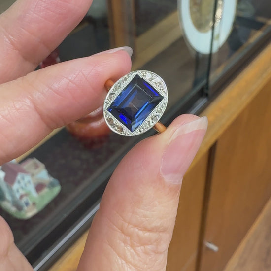 Antique 1930's Lab Grown Sapphire and Rose Cut Diamond Ring 18k Gold