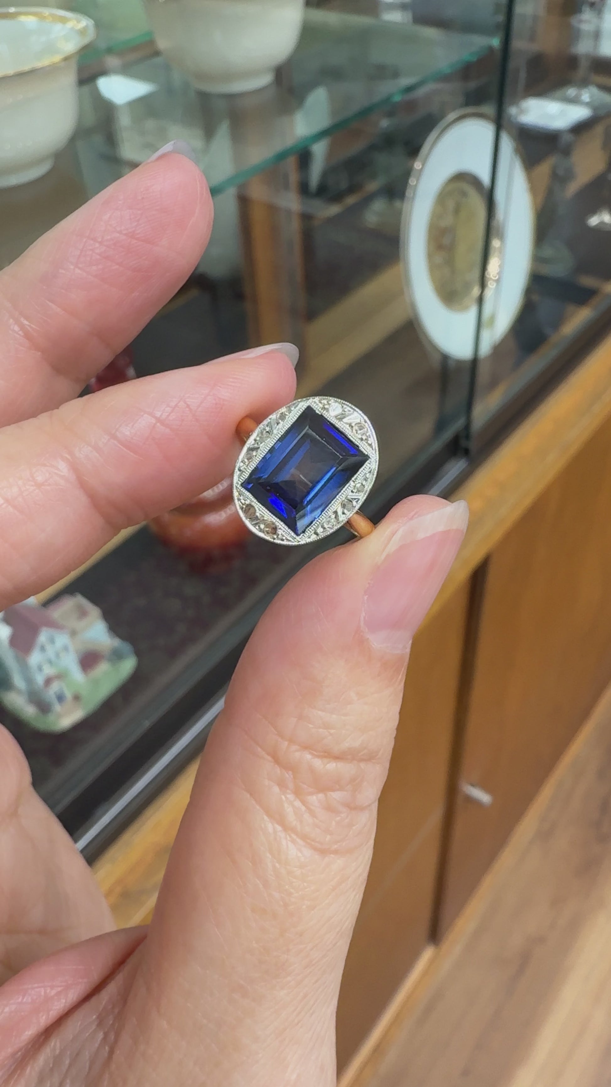Antique 1930's Lab Grown Sapphire and Rose Cut Diamond Ring 18k Gold