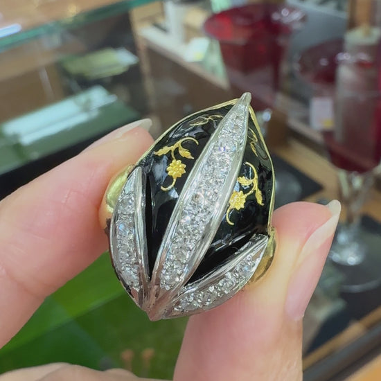 Vintage Black Enamel and Diamond Tulip Ring 18k Yellow Gold