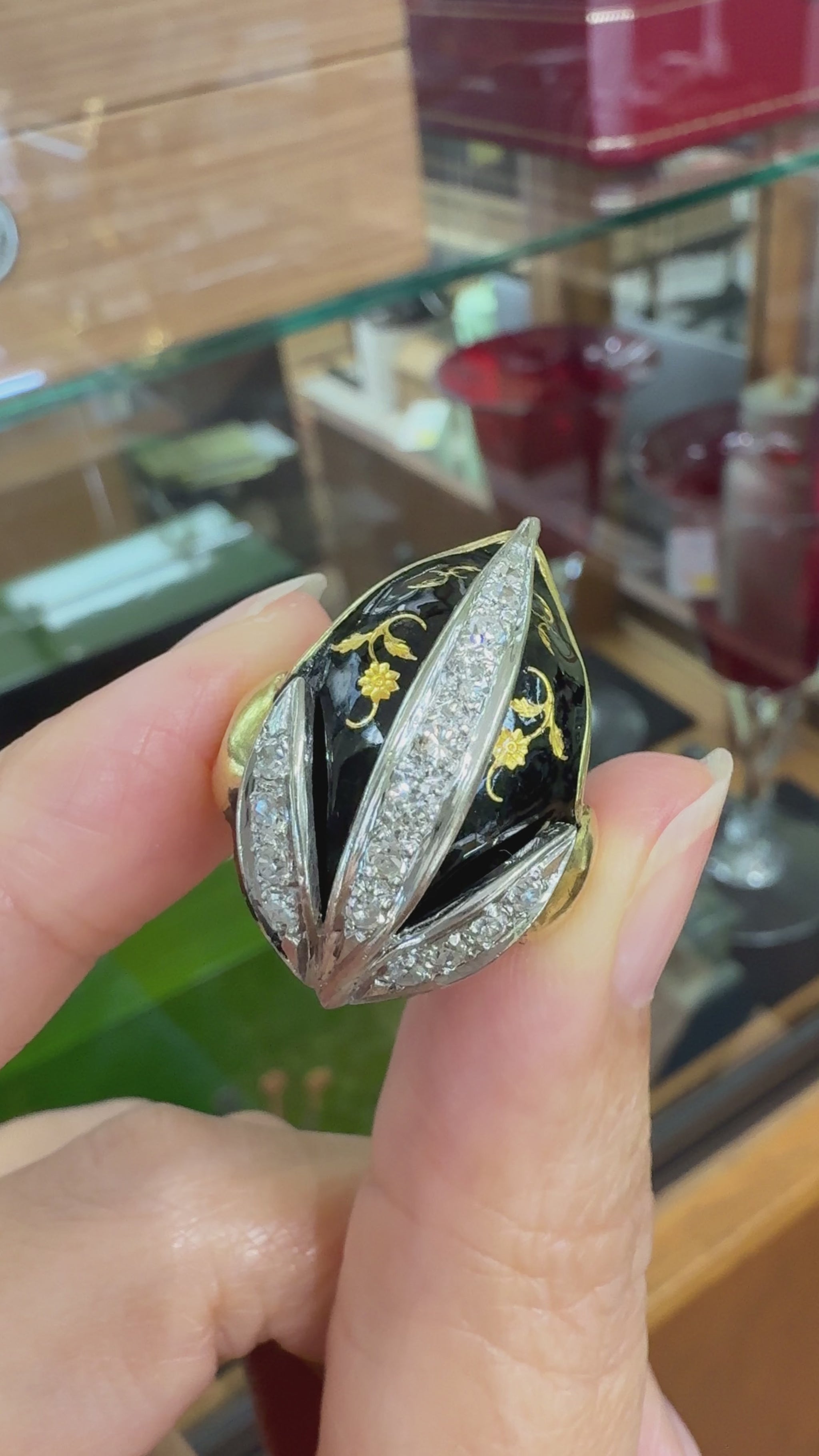 Vintage Black Enamel and Diamond Tulip Ring 18k Yellow Gold