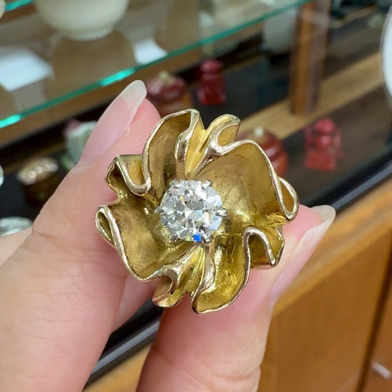 Vintage 1960's Transitional Cut Diamond Floral Statement Ring 14k Yellow Gold
