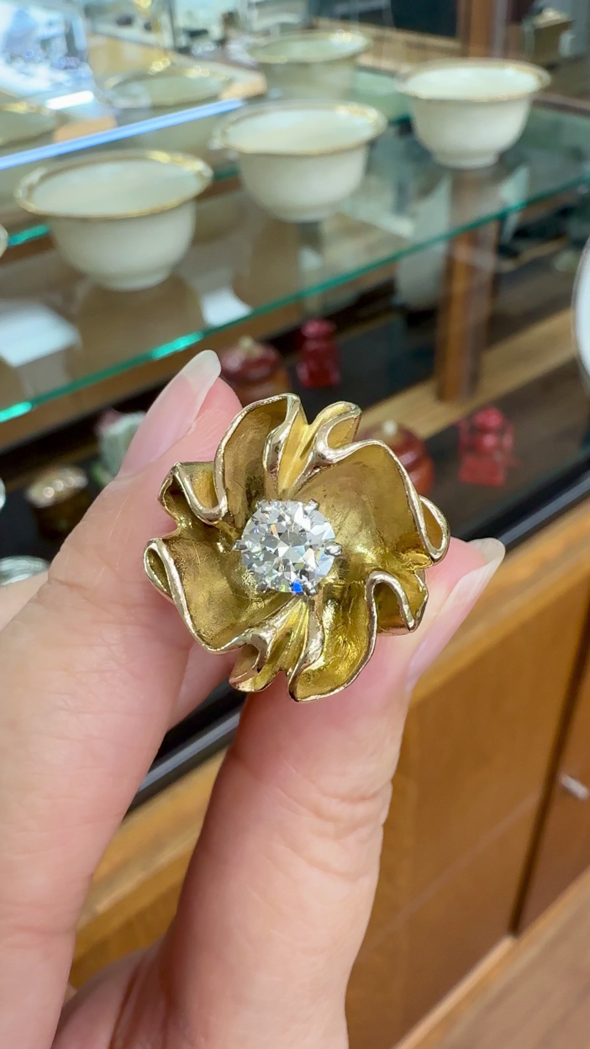 Vintage 1960's Transitional Cut Diamond Floral Statement Ring 14k Yellow Gold
