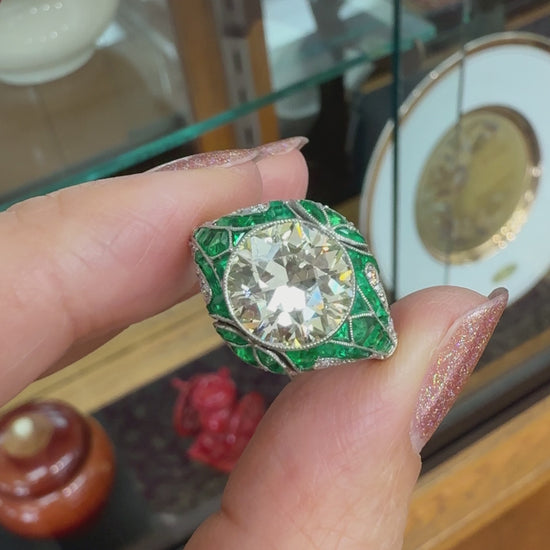 Old European Diamond and Emerald Engagement Ring Platinum