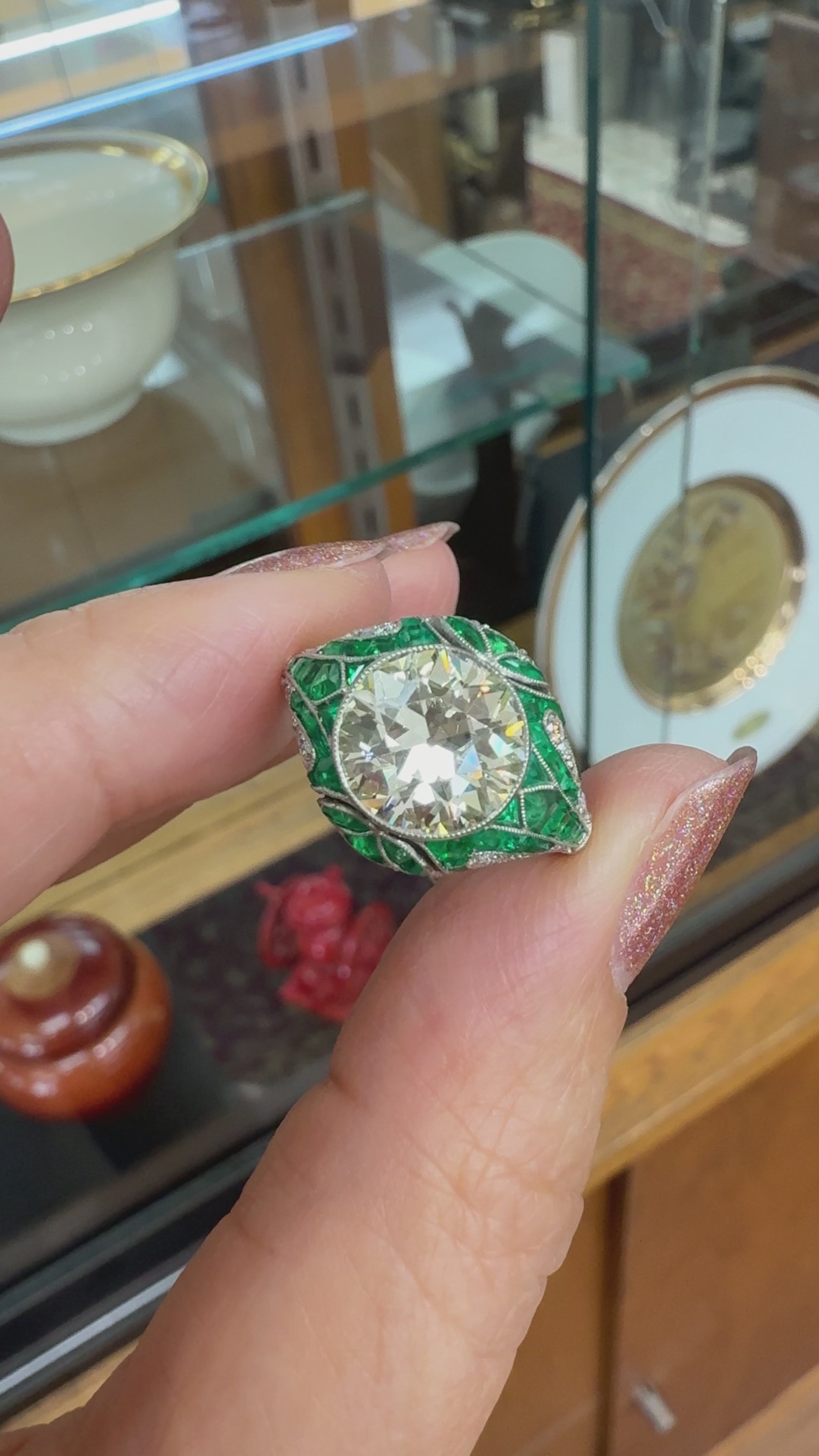 Old European Diamond and Emerald Engagement Ring Platinum