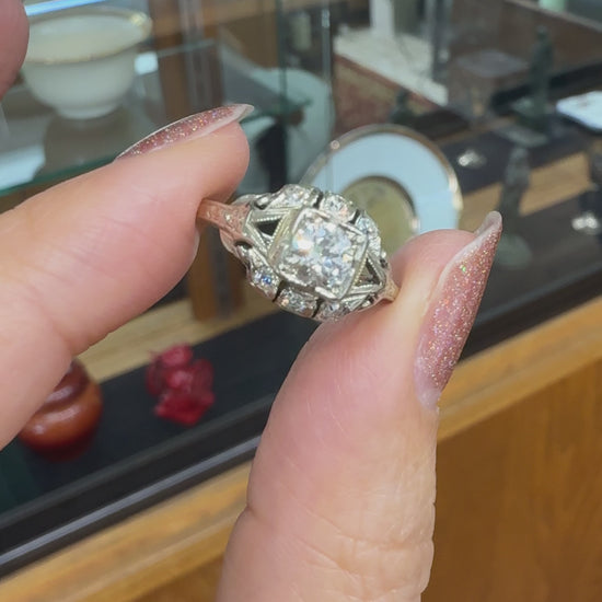 Antique 1930's Art Deco Old European Cut Diamond Engagement Ring 14k White Gold
