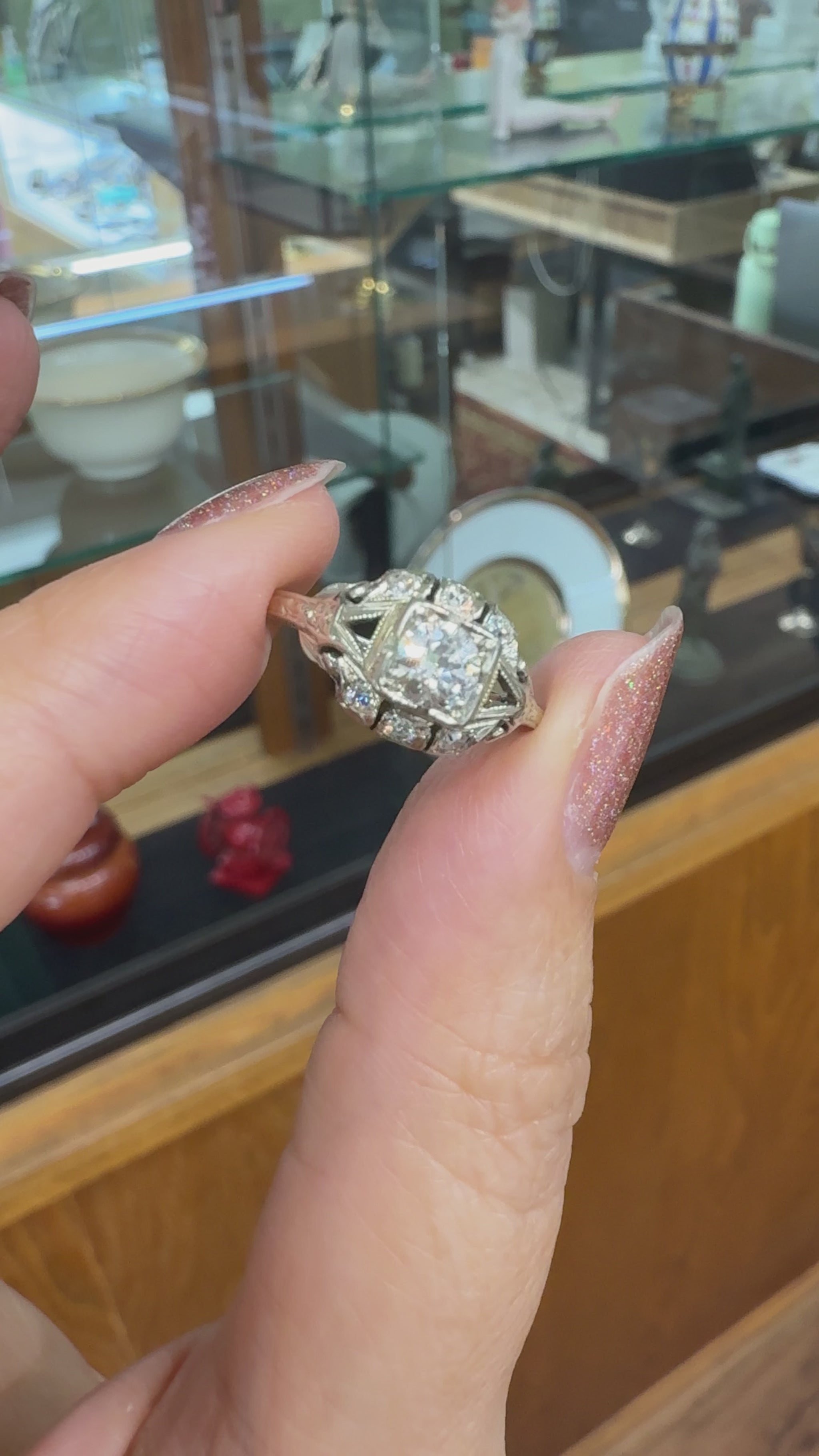Antique 1930's Art Deco Old European Cut Diamond Engagement Ring 14k White Gold