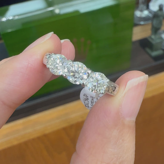 Estate Hand Etched Engraved 3 Stone Diamond Band Ring 14k White Gold