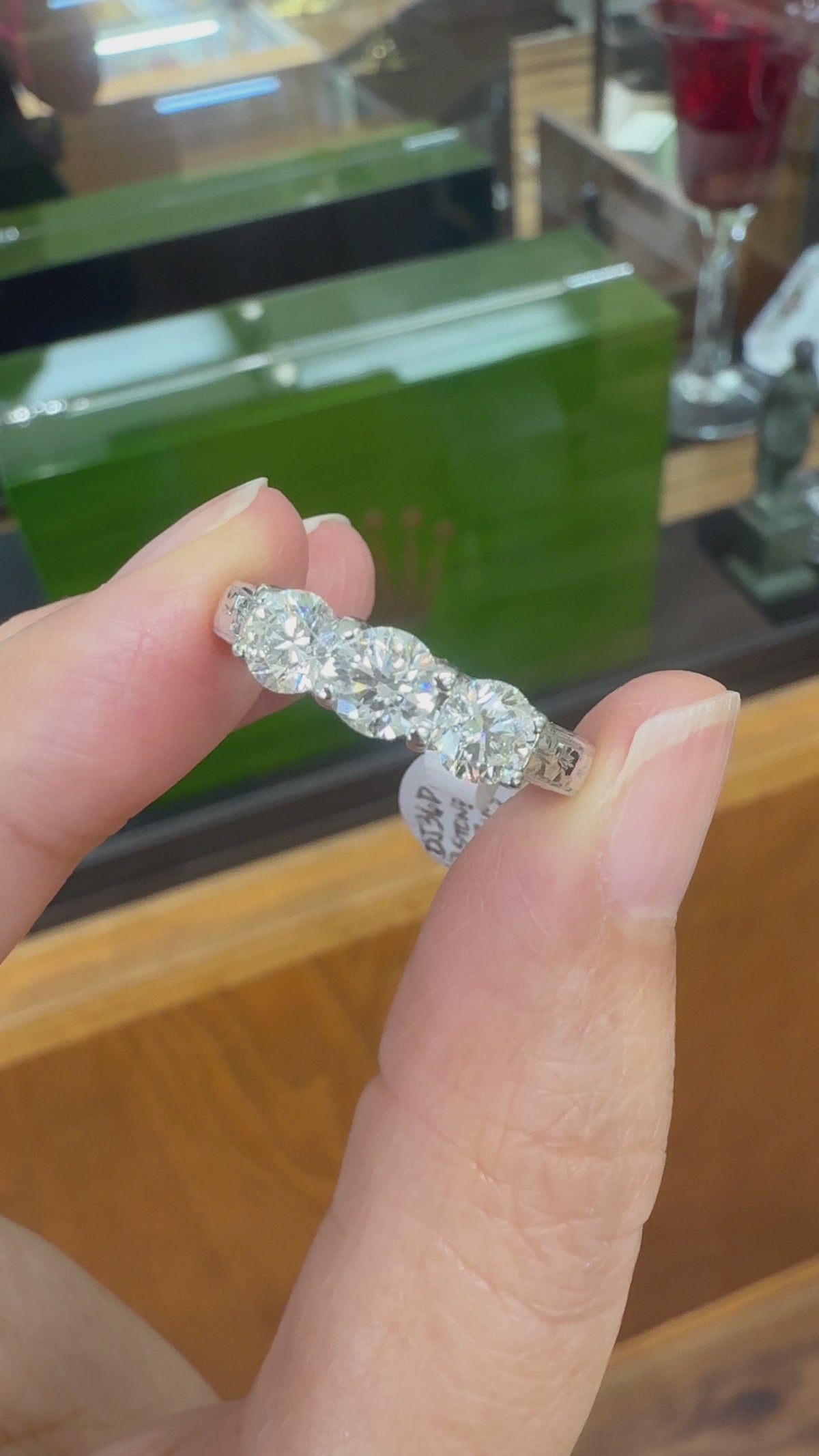 Estate Hand Etched Engraved 3 Stone Diamond Band Ring 14k White Gold