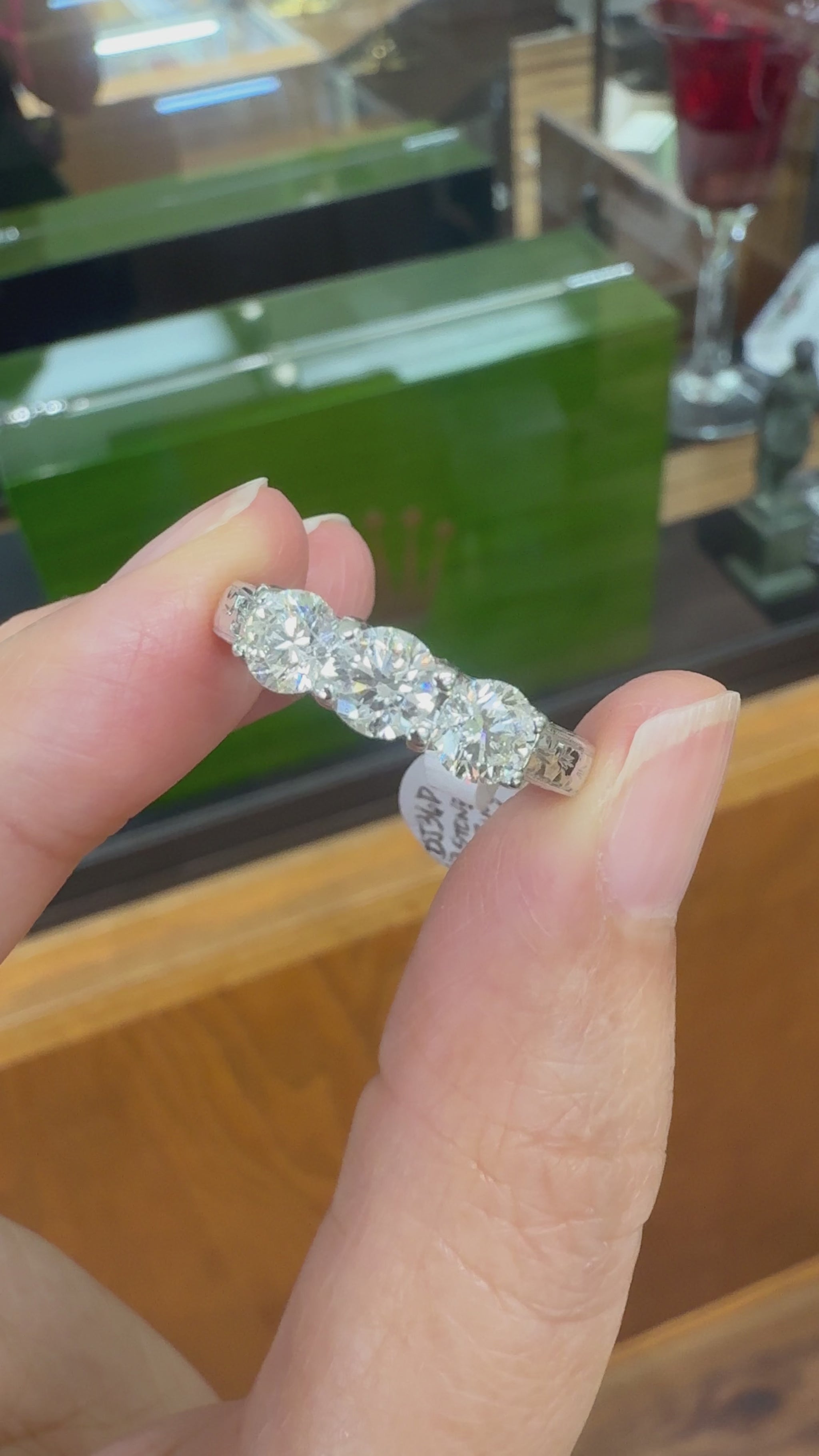 Estate Hand Etched Engraved 3 Stone Diamond Band Ring 14k White Gold