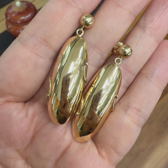 Vintage Long Oval Dangling Earrings 14k Yellow Gold
