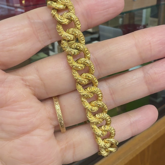 Antique 1890's Victorian Repousse Curb Link Bracelet 14k Yellow Gold