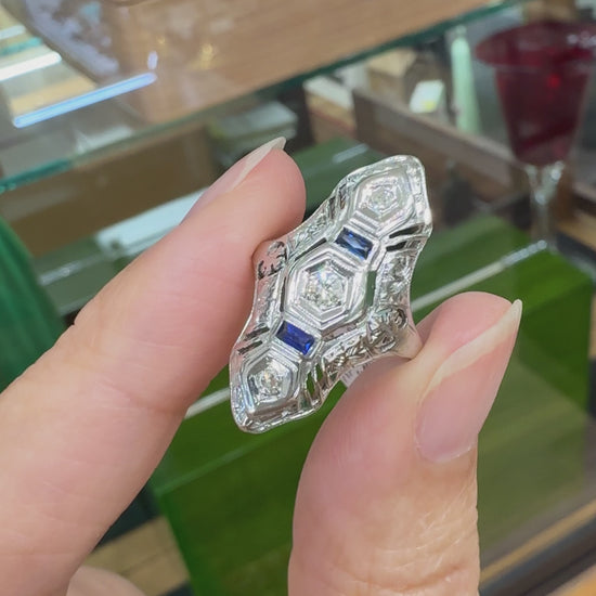 1930's Art Deco Old Cut Diamond and Sapphire Shield Dinner Ring 18k