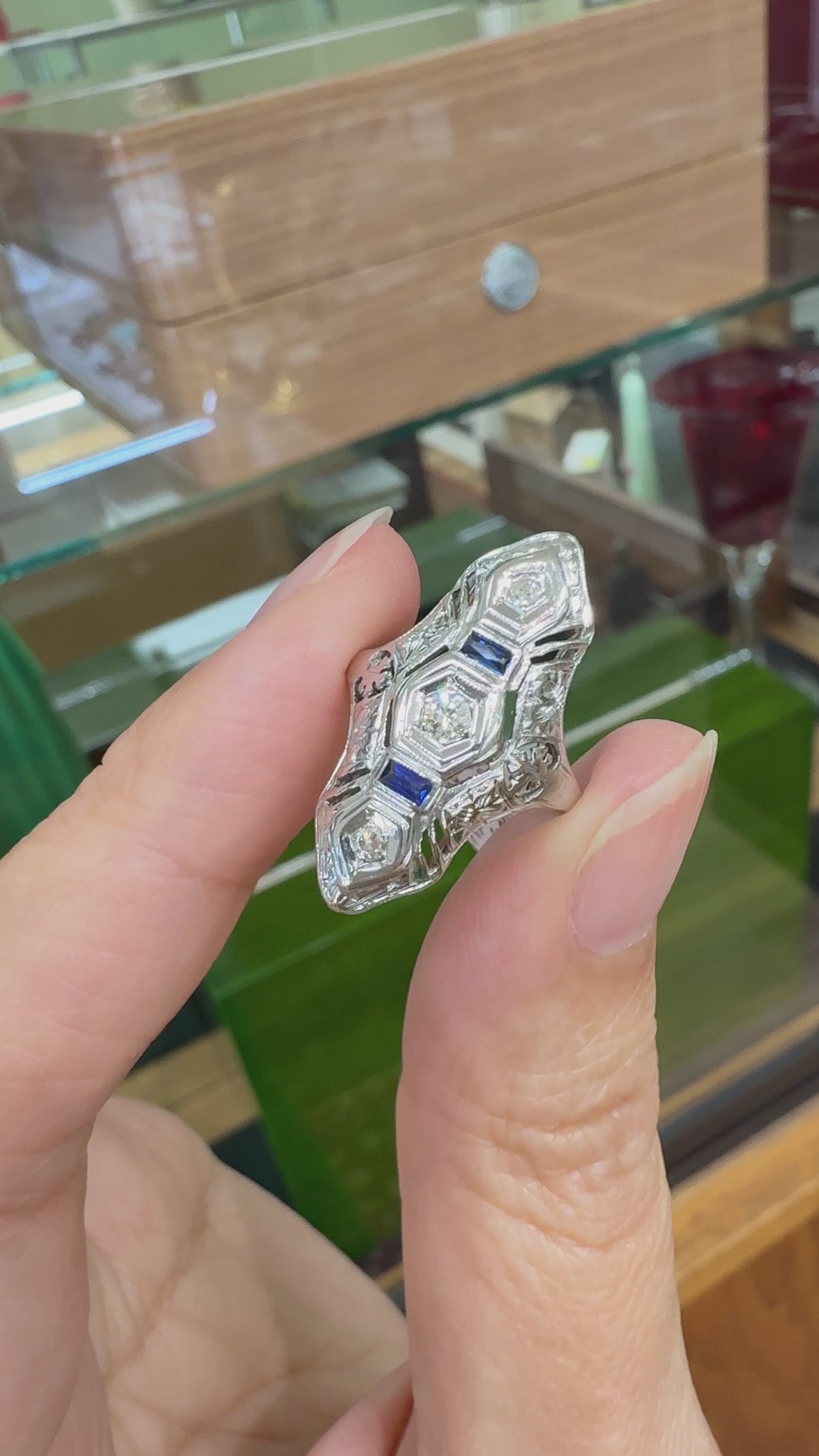 1930's Art Deco Old Cut Diamond and Sapphire Shield Dinner Ring 18k