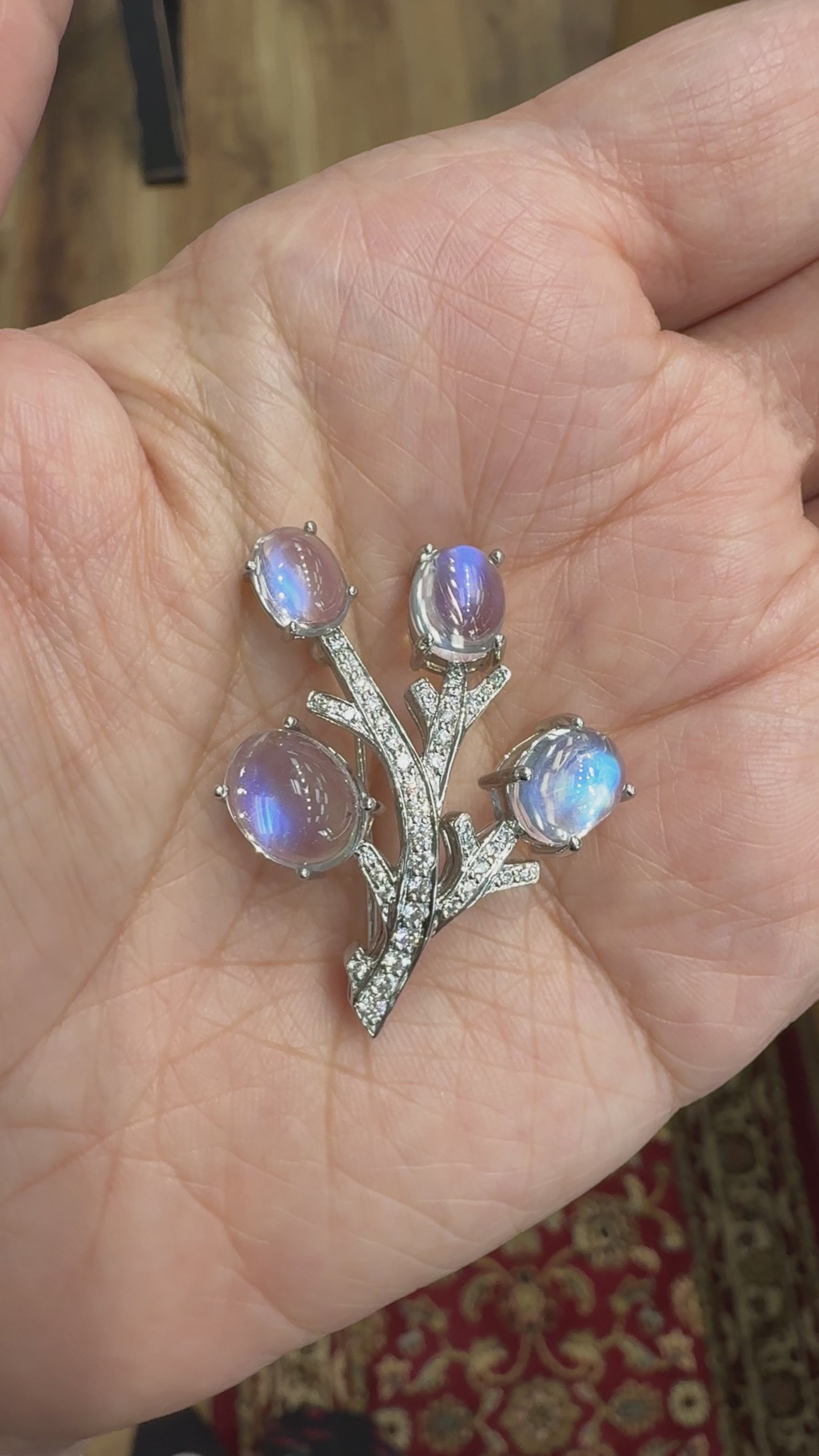 Vintage 1990's Tiffany & Co. Moonstone and Diamond Brooch Platinum