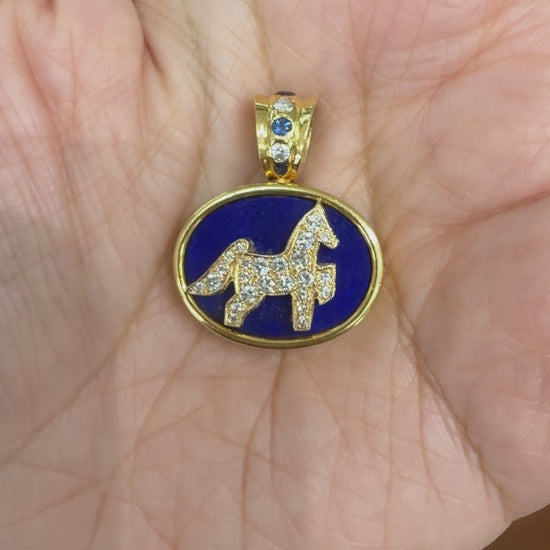 1990's Diamond Sapphire and Lapis Horse Pendant 18k/14k Yellow Gold