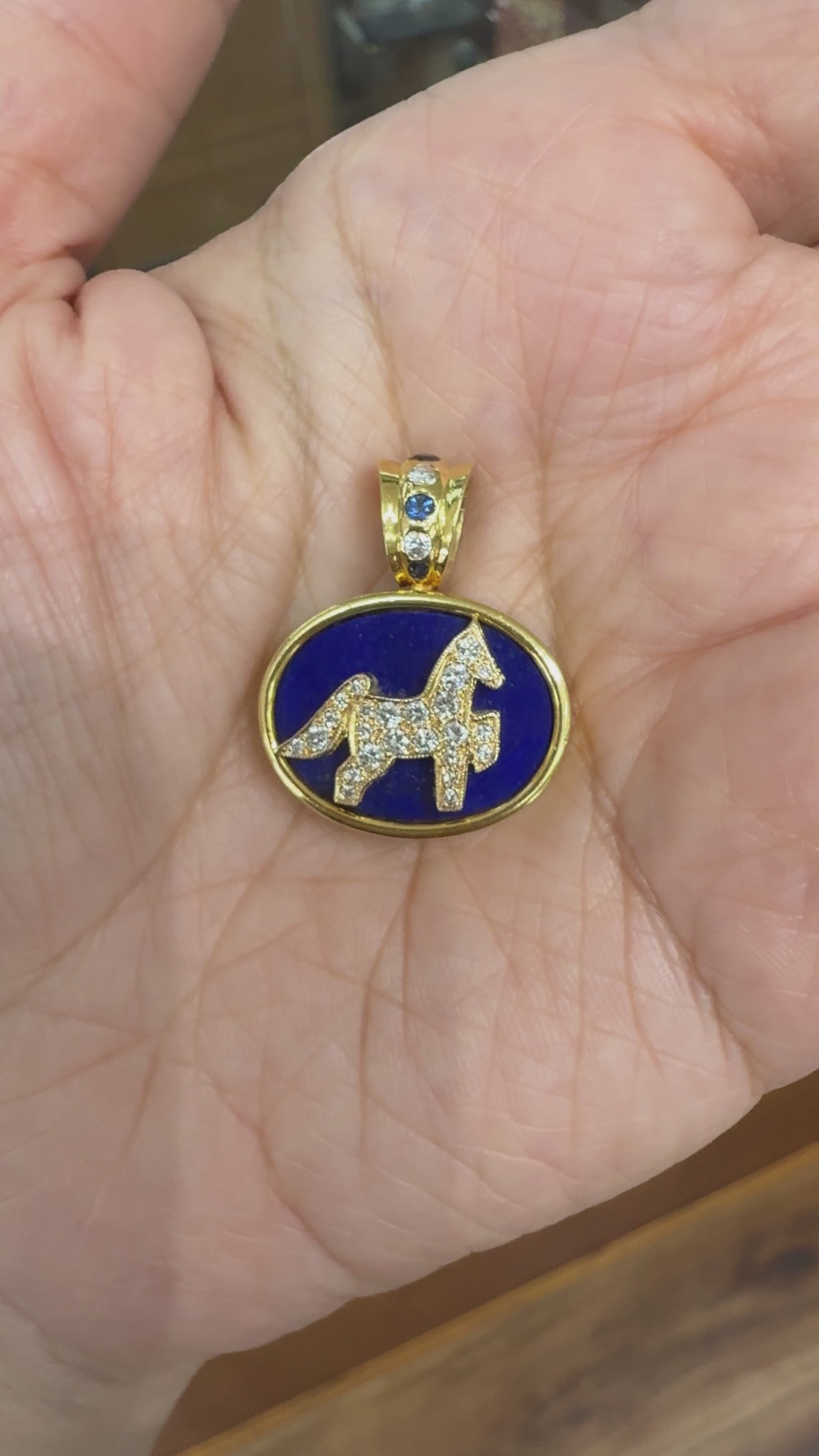 1990's Diamond Sapphire and Lapis Horse Pendant 18k/14k Yellow Gold