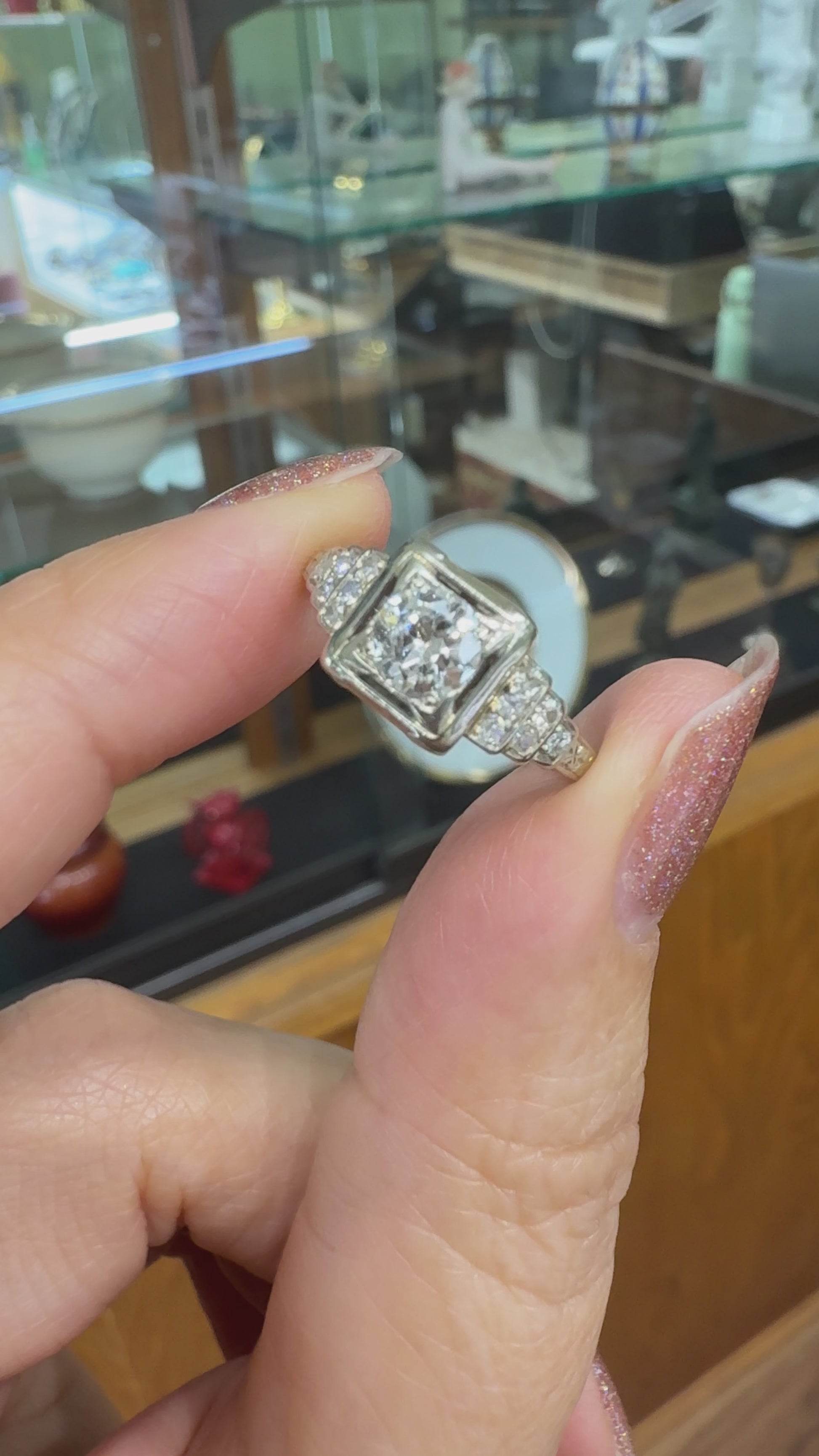 1930's Art Deco Transitional Diamond Engagement Ring 18k White Gold