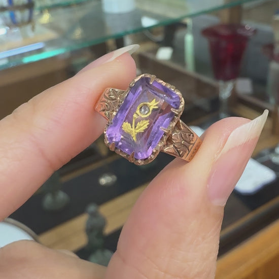 Antique Victorian Rose of Sharon Amethyst Diamond Ring 10k Gold