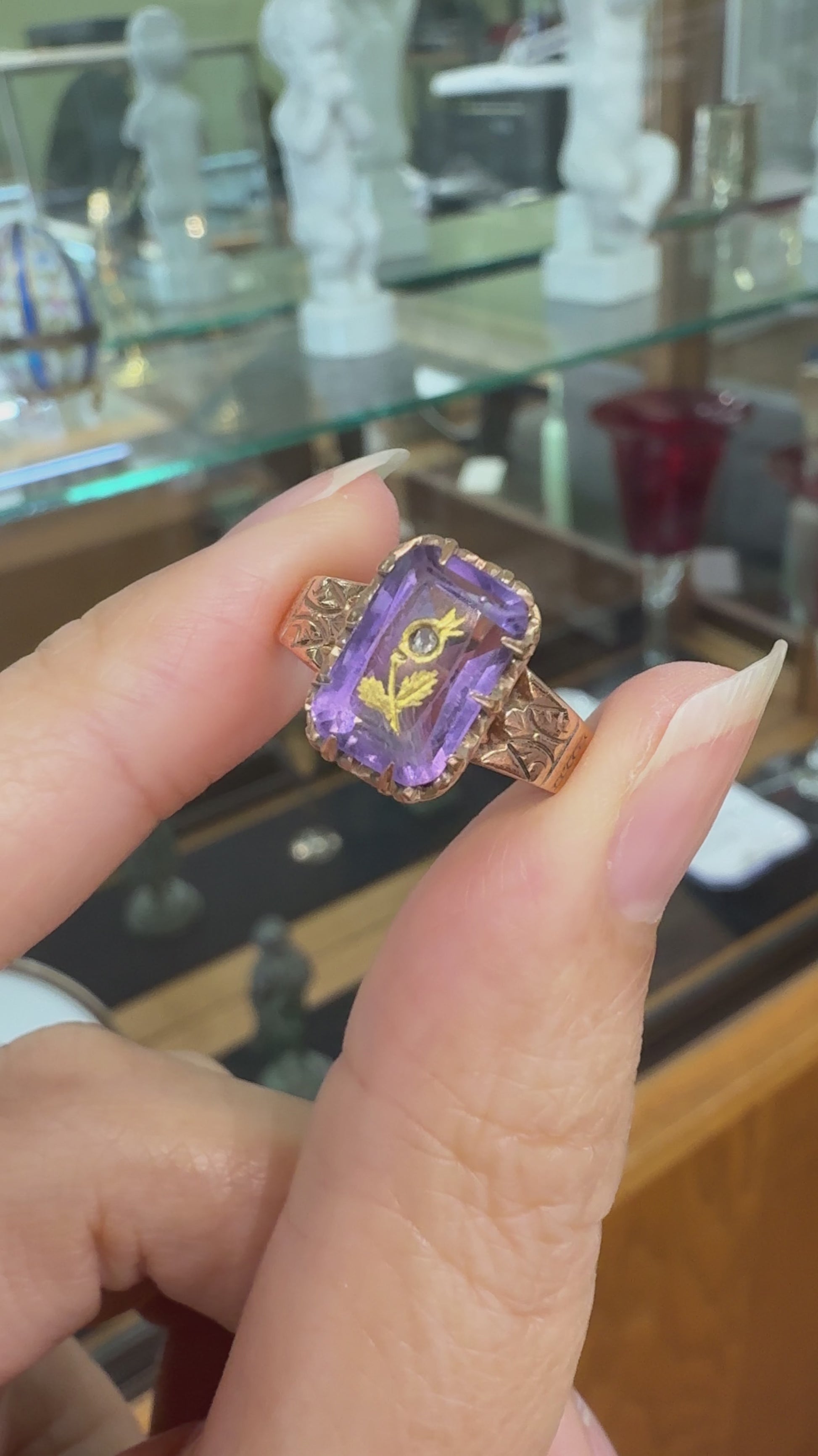 Antique Victorian Rose of Sharon Amethyst Diamond Ring 10k Gold