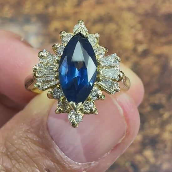 1980s Marquis Sapphire and Diamond 14k Yellow Gold Cocktail Ring