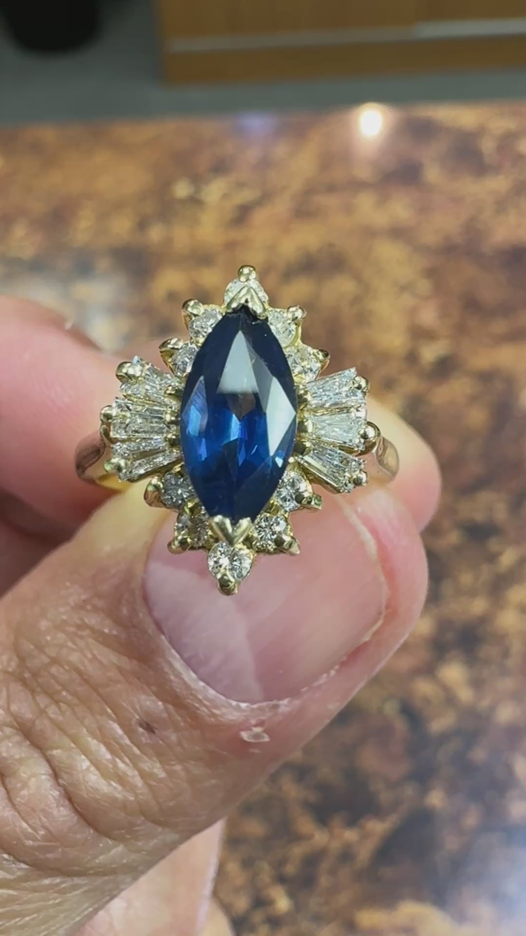 1980s Marquis Sapphire and Diamond 14k Yellow Gold Cocktail Ring