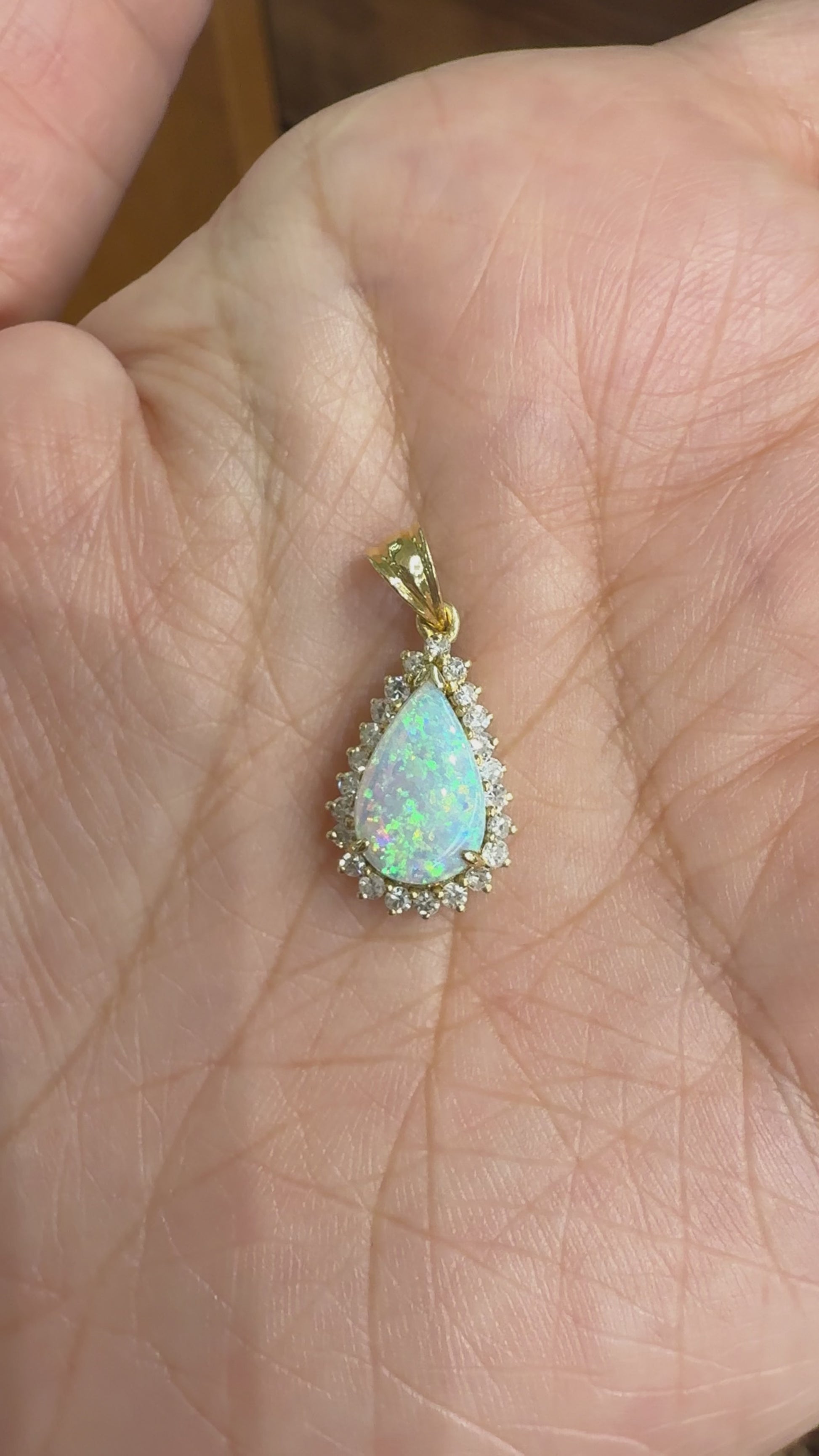 Vintage 1980's Opal and Diamond Pendant 18k Yellow Gold
