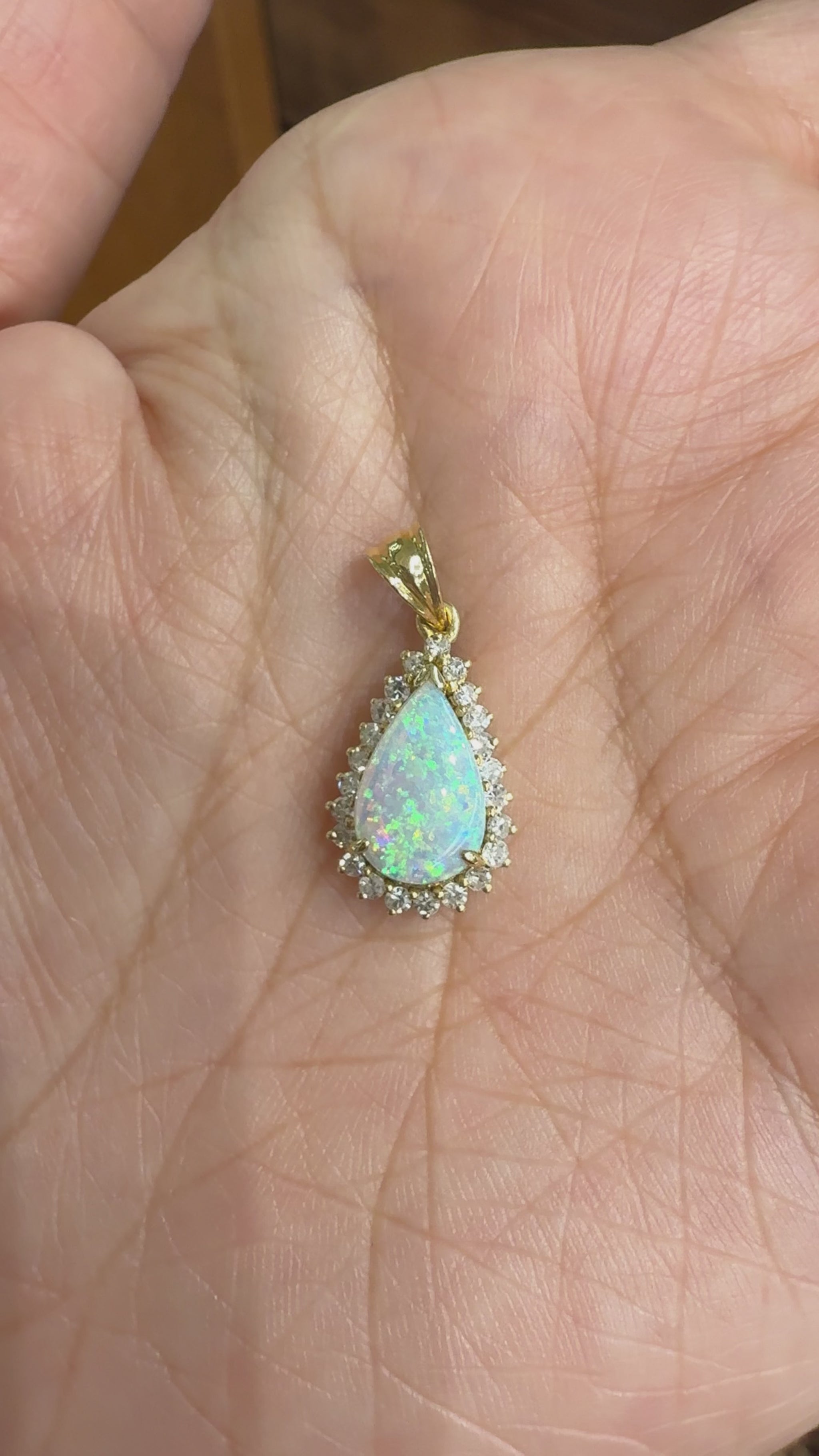 Vintage 1980's Opal and Diamond Pendant 18k Yellow Gold