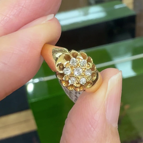 Antique 1919 Old Mine Cut Diamond Belcher Cluster Ring 18k Yellow Gold