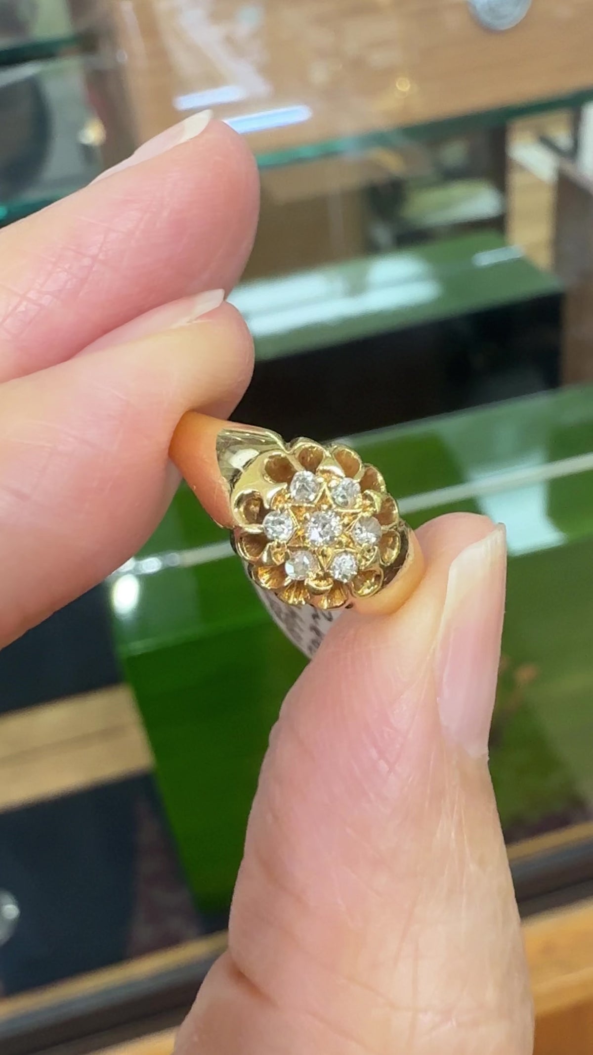 Antique 1919 Old Mine Cut Diamond Belcher Cluster Ring 18k Yellow Gold