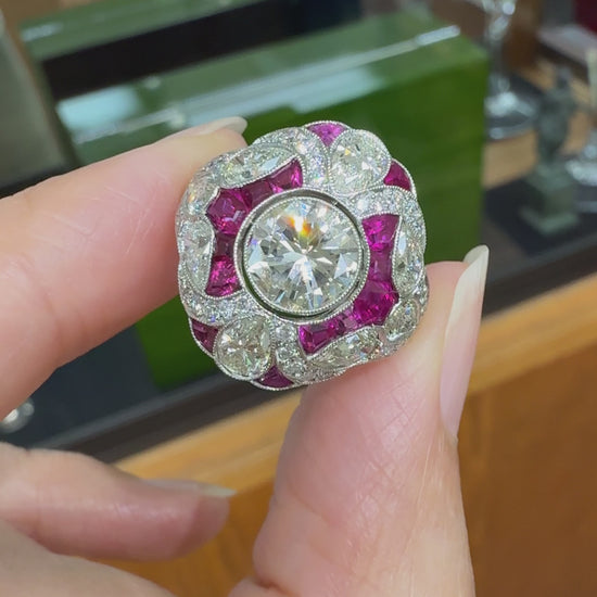 Art Deco Inspired Ruby and Diamond Shield Ring Platinum