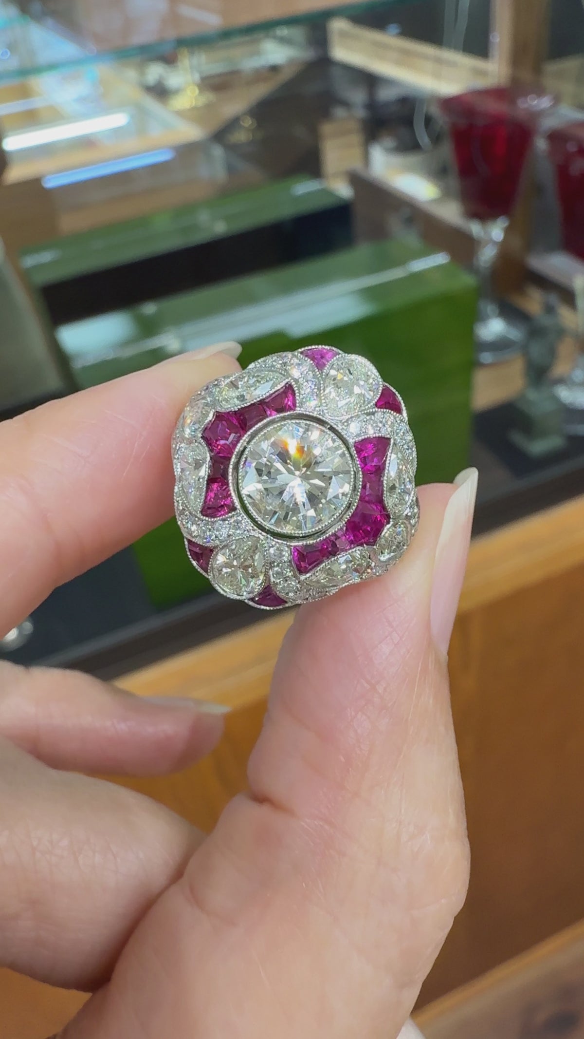 Art Deco Inspired Ruby and Diamond Shield Ring Platinum