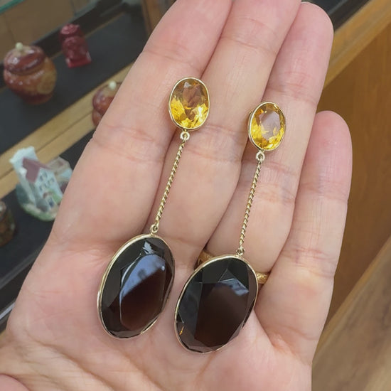 Smoky Quartz and Citrine Statement Dangle Earrings 14k Yellow Gold
