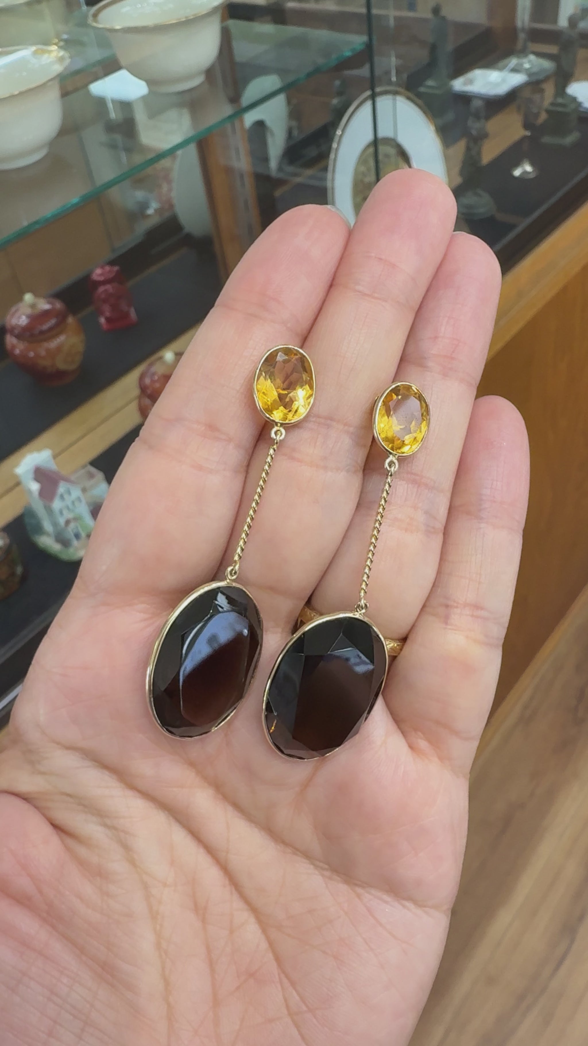 Smoky Quartz and Citrine Statement Dangle Earrings 14k Yellow Gold