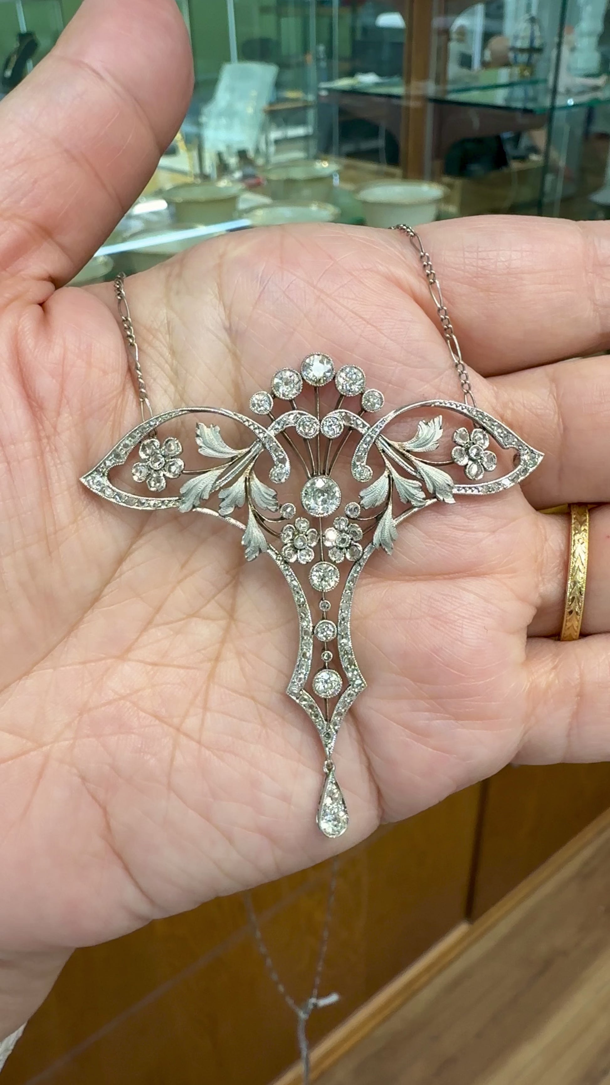 Circa 1910's Antique Edwardian Lavalier Necklace Platinum