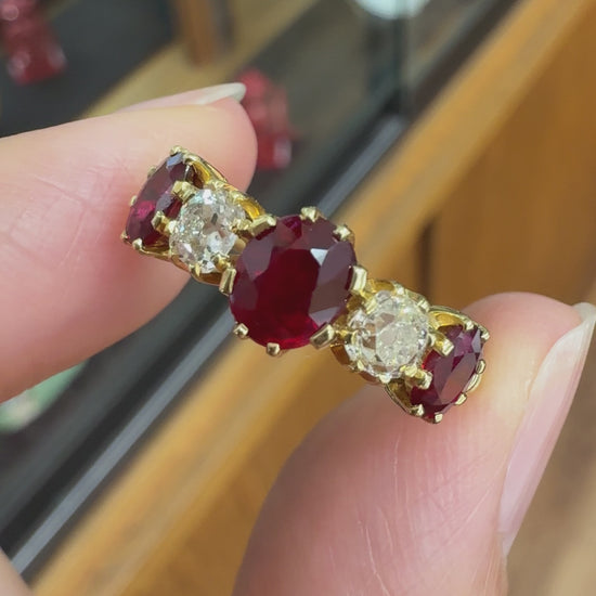 Antique 1910 Edwardian Ruby and Old Mine Cut Diamond Band Ring 18k Yellow Gold