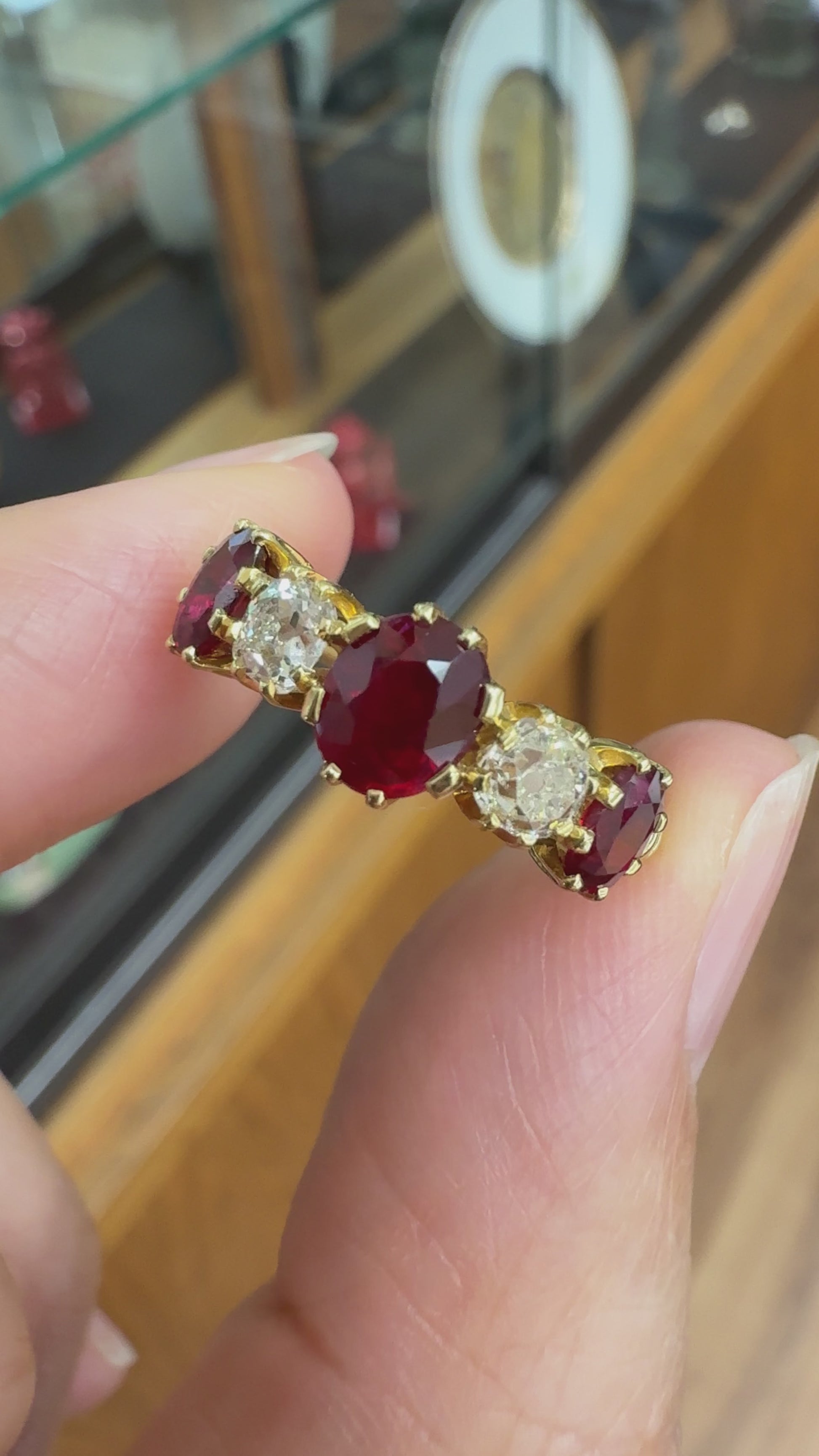 Antique 1910 Edwardian Ruby and Old Mine Cut Diamond Band Ring 18k Yellow Gold
