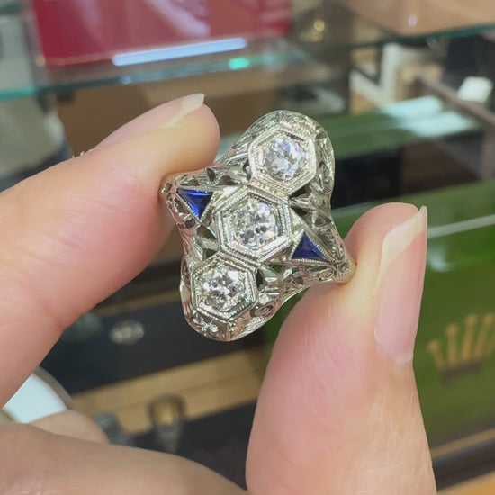1930's Art Deco Old European Diamond & Sapphire Shield Dinner Ring 18k