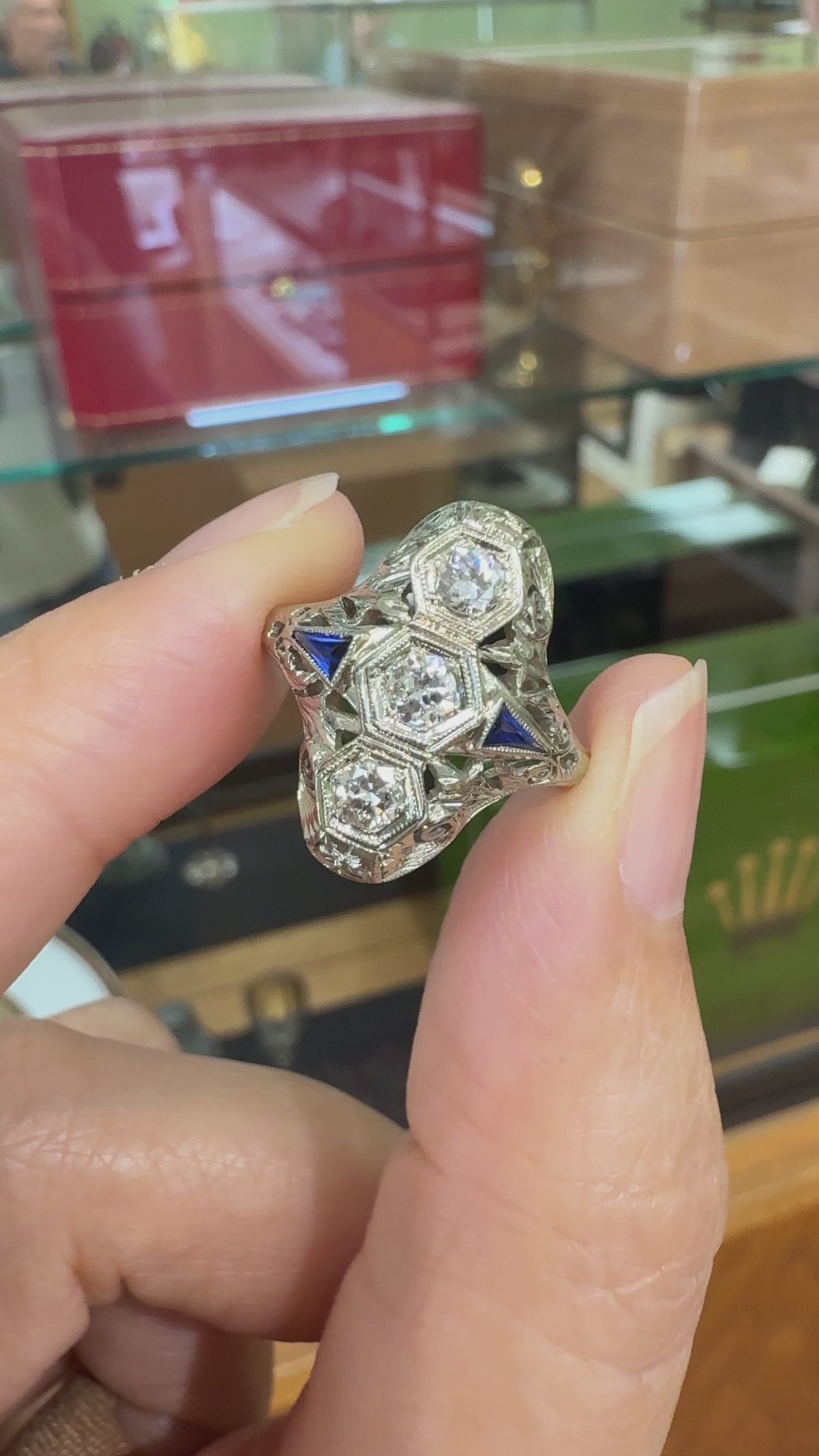 1930's Art Deco Old European Diamond & Sapphire Shield Dinner Ring 18k