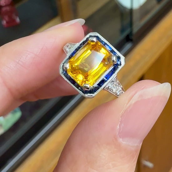 Sapphire and Diamond Art Deco Inspired Ring Platinum