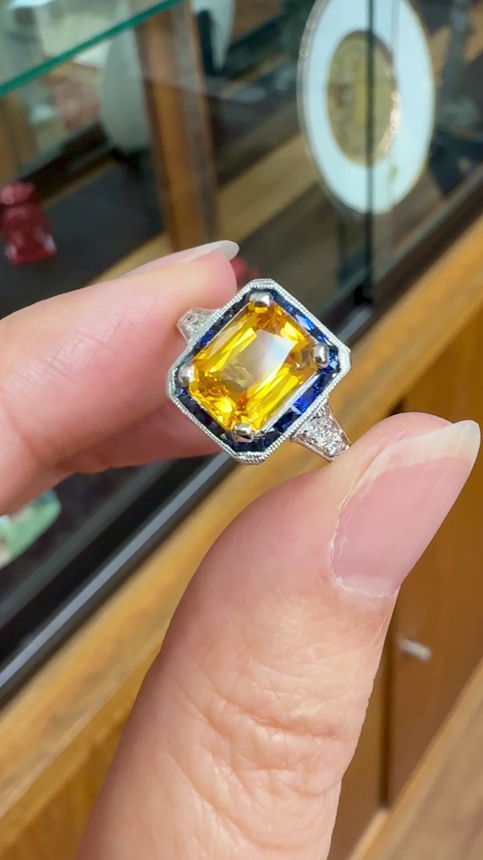 Sapphire and Diamond Art Deco Inspired Ring Platinum