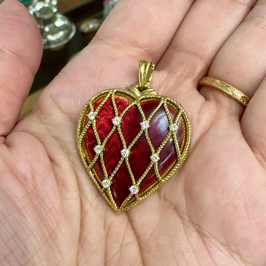Vintage Red Guilloché Enamel Diamond Locket 18k Yellow Gold