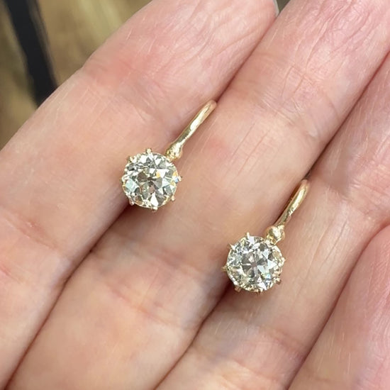 French Antique Old Mine Cut Diamond Drop Earrings 18k Yellow Gold