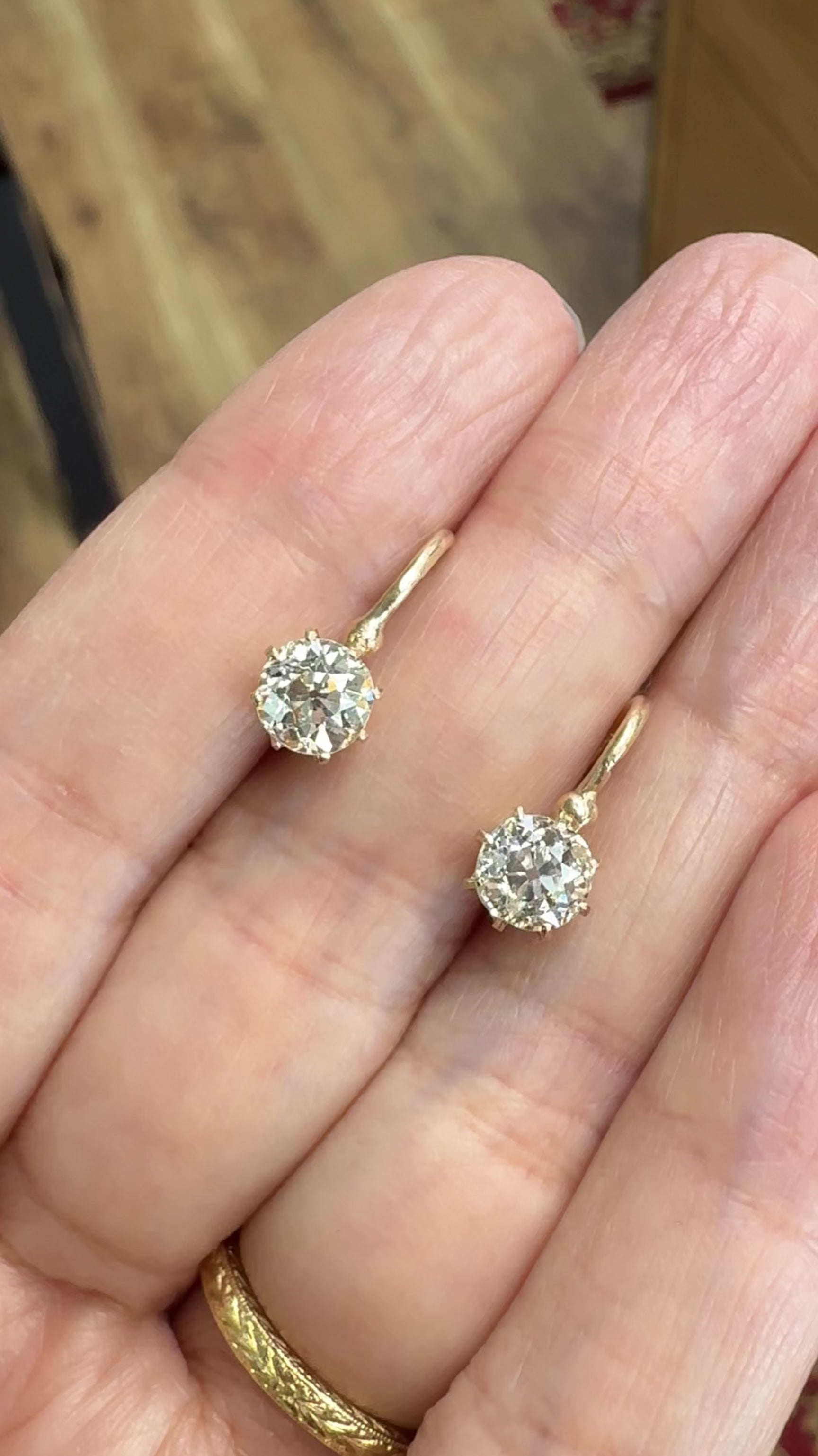 French Antique Old Mine Cut Diamond Drop Earrings 18k Yellow Gold