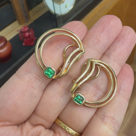 1990's Abstract Emerald "D" Statement Earrings 14k Yellow Gold