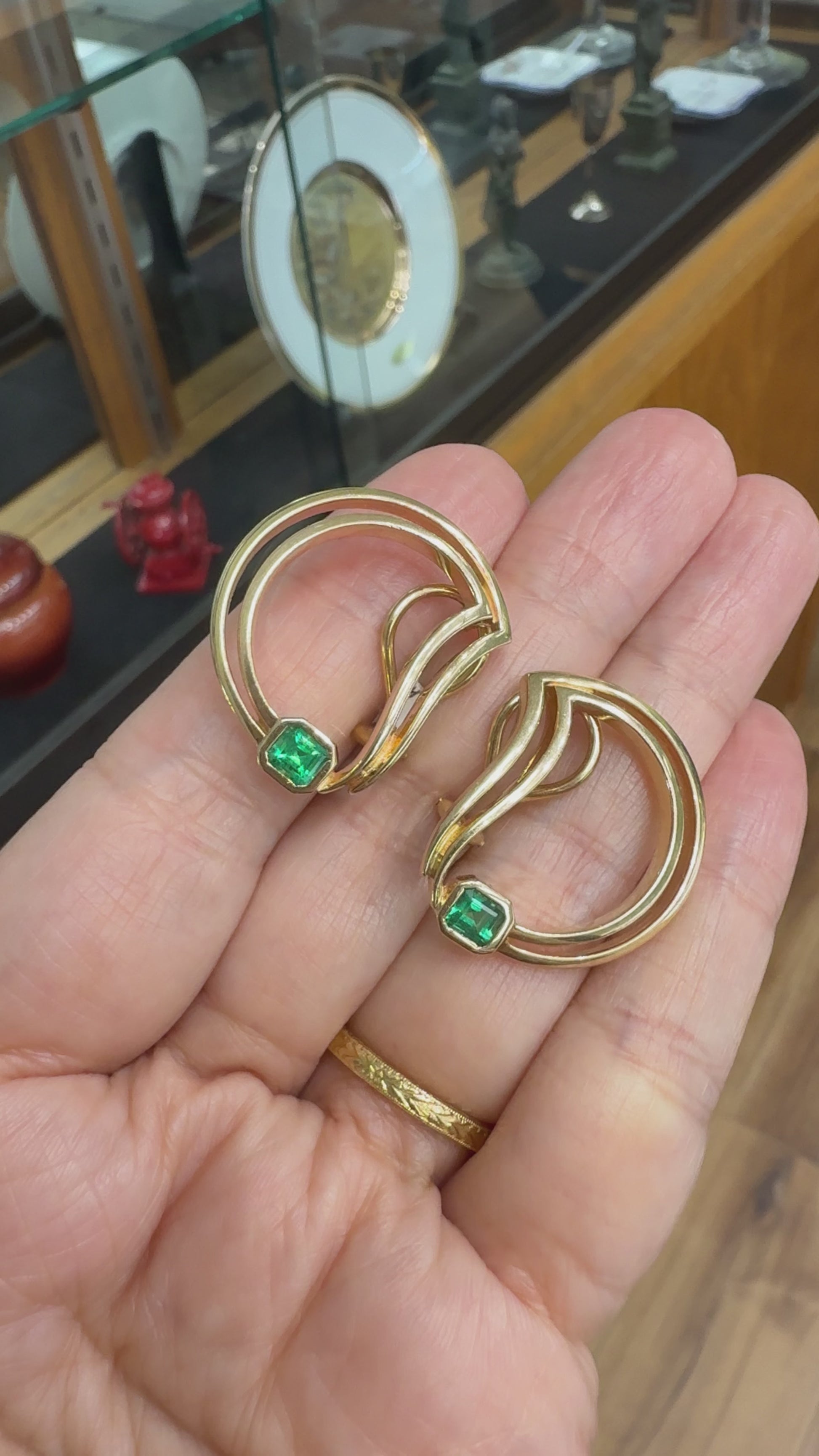 1990's Abstract Emerald "D" Statement Earrings 14k Yellow Gold