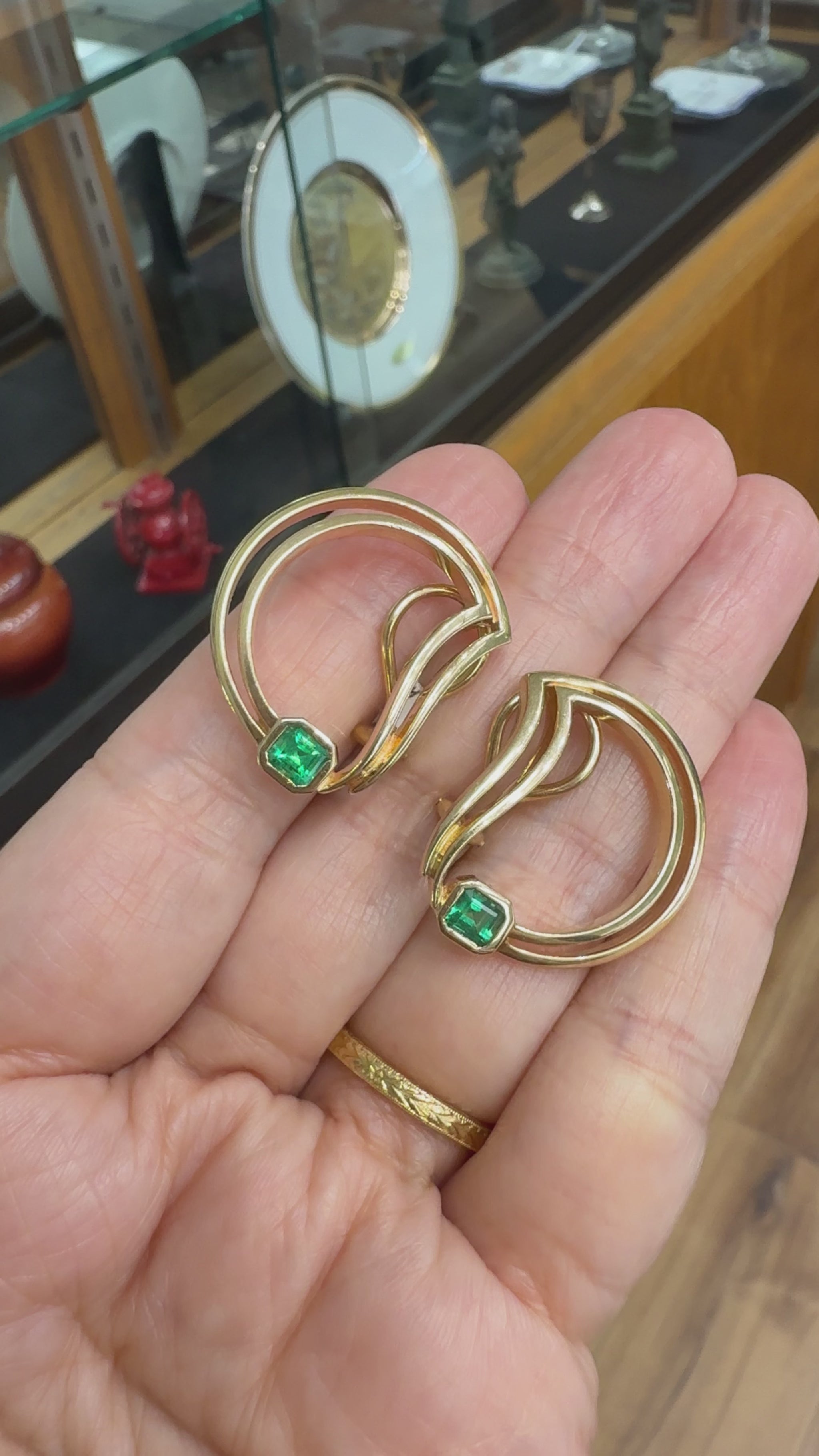 1990's Abstract Emerald "D" Statement Earrings 14k Yellow Gold